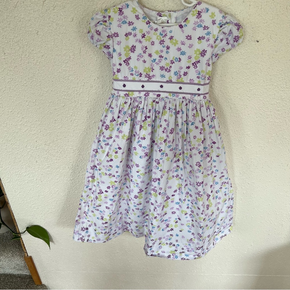 Strasburg Embroidered Purple/Green Floral Dress size 6Y Tie Back Fabric Buttons